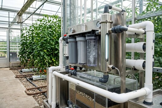 Advanced Hydroponic Water Filtration System in a Modern Greenhouse Environment.