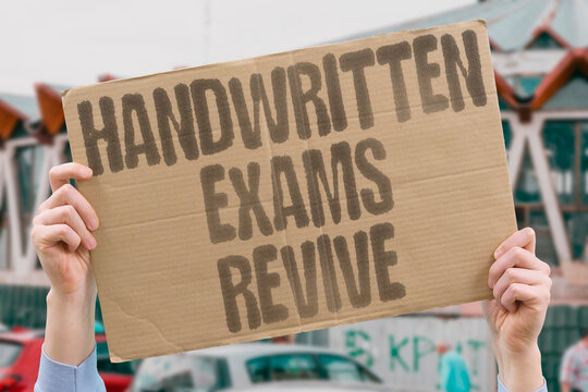 "Handwritten exams revive" Pen-and-paper tests win favor again. HANDWRITTEN. EXAMS. REVIVAL. UNIVERSITIES. PROCTORS.