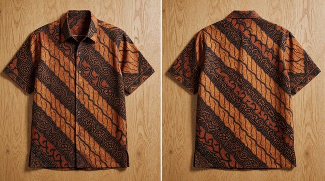 Traditional Indonesian batik shirt shows front, back views on wooden background. Ethnic patterned menswear features brown, orange colors. Authentic java textile clothing for men displayed as formal