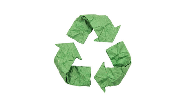 Green recycling symbol made of crumpled paper texture isolated on transparent background