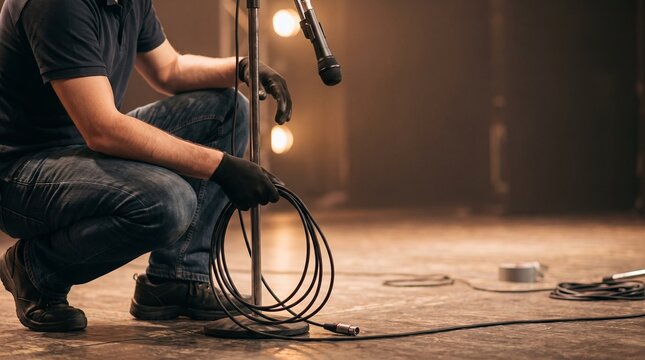 Audio Technician Checking Cable at Microphone Stand