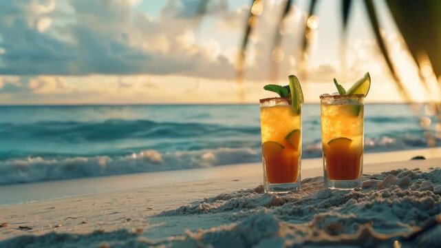 Tropical Cocktail Drinks on a Beach at Sunset with Lime and Mint