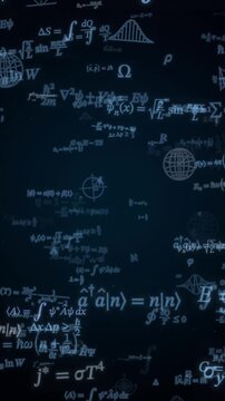 Physics equations drift across dark blue background with quantum diagrams