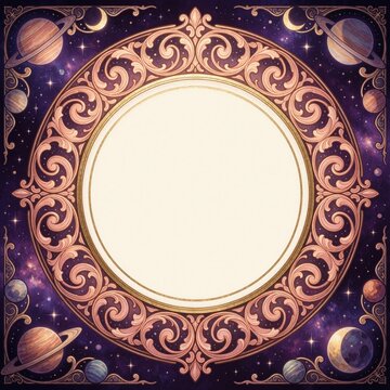 Ornate gold frame with cosmic space theme. Decorative vintage border features planets, stars, moons in purple galaxy. Elegant circular template for invitation, certificate, luxury cover. Fantasy