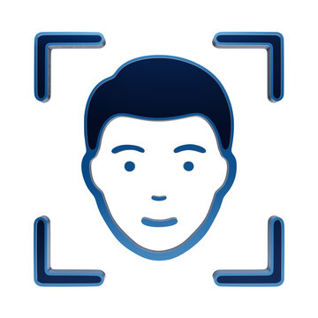 Blue outline of a human face inside a facial recognition targeting frame on a dark background detection isolated on a transparent background