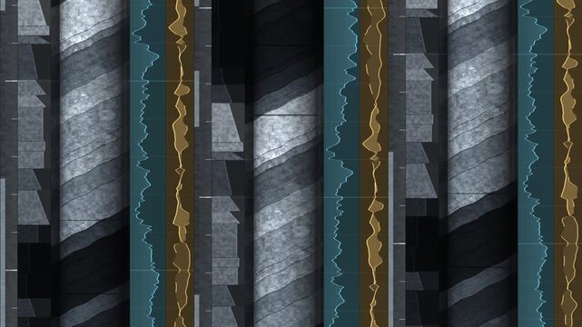 Geological drill core scrolling upward beside grain size and gamma ray wireline logs with lithology column in deep shale tones