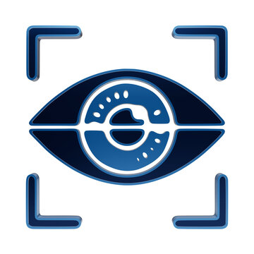 Blue biometric eye scan icon with iris details inside a targeting frame on a dark background recognition isolated on a transparent background