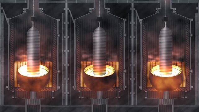 Czochralski crystal pulling with silicon boule rising from the melt, bright meniscus ring and growth striations in bright ingot tones