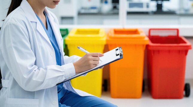 Lab worker writes on clipboard near colorful waste bins. Sustainability coordinator checks medical waste segregation for eco friendly disposal. Scientist manages hazardous recycling process in clinic