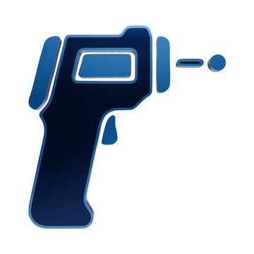 Blue 3D glossy infrared thermometer or digital pyrometer gun icon with laser pointer beam and screen display isolated on a transparent background