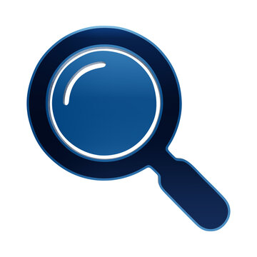 Blue 3D glossy magnifying glass or search icon with circular lens and handle, zoom and find symbol magnifier isolated on a transparent background