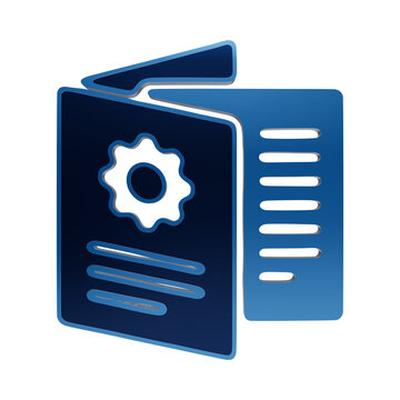 Blue 3D document folded brochure icon with gear wheel symbol representing business manual and technical guide isolated on a transparent background