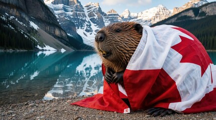 Obraz premium Canadian beaver wrapped in national flag near mountain lake. Wild animal sits on rocky shore with snowy peaks, turquoise water background. Symbol of Canada pride, wildlife in beautiful Banff nature