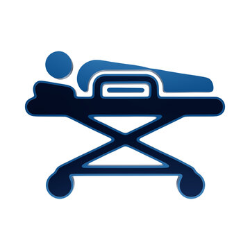Blue glowing hospital stretcher icon with patient lying down, glossy metallic border for medical emergency isolated on a transparent background