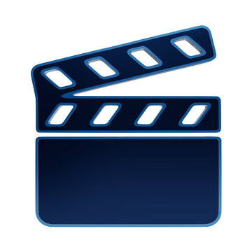 Blue glowing clapperboard icon for production cinema industry and editing isolated on a transparent background