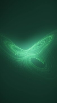 Chaotic Strange Attractor Light Trails Flowing Through Rotating 3D Phase Space seamless loop in deep emerald tones vertical 9:16