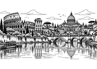 Obraz premium Rome City Skyline Black and White Line Art