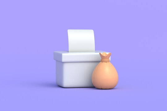 Buying votes during elections. Funding political campaigns. Democratic institutions under plutocracy pressure. Expensive presidential races. Burlap money sack beside ballot box. 3d render