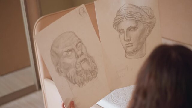 Woman examines pencil sketches of classical busts. Woman arranges drawings in soft lit studio setting focusing on details of her artistic process artwork