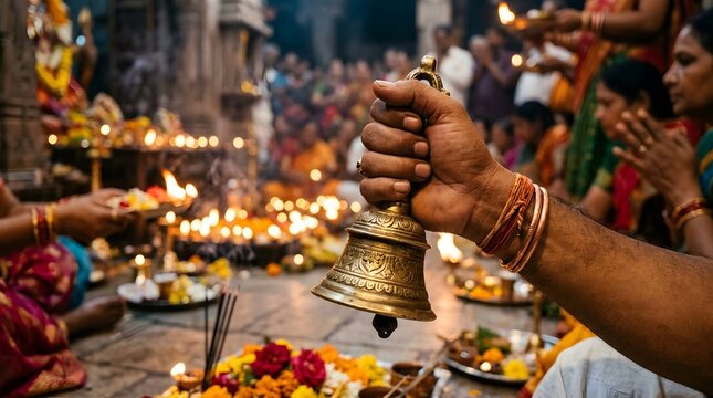 Hand holding brass ritual bell during candlelit religious ceremony