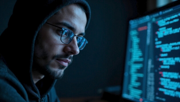 Focused programmer writing code on a computer screen in a dark room. Young male hacker in a hoodie working on cybersecurity. Software development concept