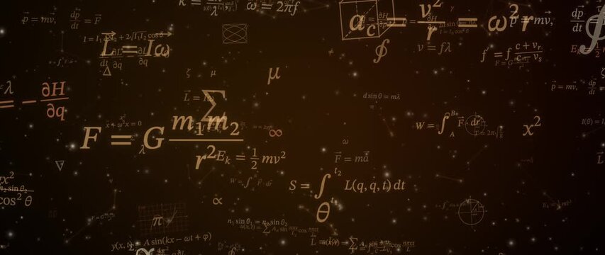 Physics equations and glowing particles drift across a dark abstract scientific background