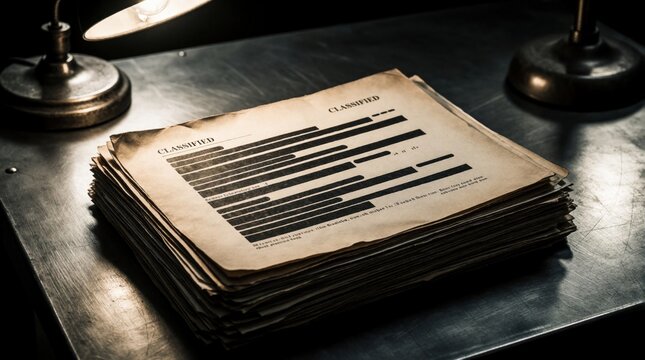 Stack of old classified documents with black redacted lines on desk. Secret government files with censored sensitive information lie under dim lamp. Confidential paper dossier shows private data