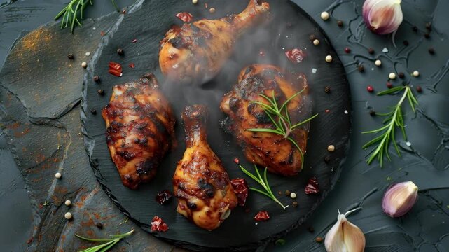 Grilled Chicken Drumsticks and Thighs on a Slate Platter with Rosemary and Spices