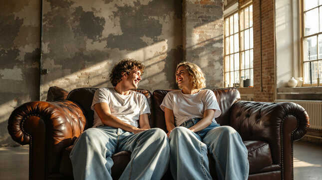 Young couple in baggy jeans sitting on a leather sofa in a sunlit