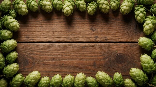 Fresh green hops frame brown wooden table background. Various hop cones create natural border on rustic wood texture. Empty space in center for text beer product mockup. Organic plant ingredients for