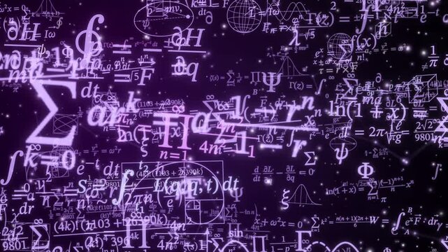 Mathematical formulas and graphs shift across a glowing purple abstract science background