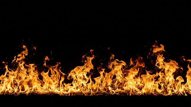 Bright orange flames burning fiercely across bottom edge against solid black background during night