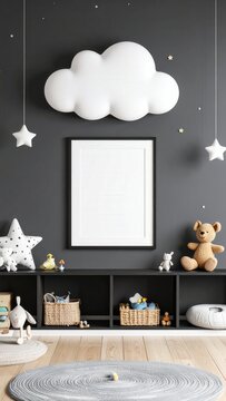 Nursery interior design and childhood development blank picture frame mockup on dark wall with toys and cloud decor in modern kids bedroom Modern kids bedroom with wooden flooring plush toys