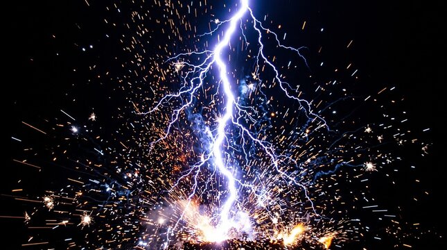 Brilliant blue lightning bolt striking intensely against darkness with glowing fiery sparks flying everywhere