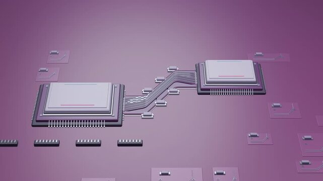 Two lavender microchips exchange request and acknowledgment through a layered circuit bridge