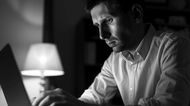 Concentrated man working on a laptop in a dark room