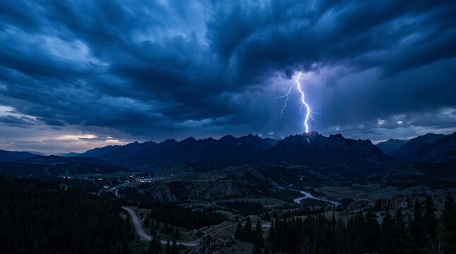 Powerful lightning bolt striking dramatic dark mountain peaks during violent nocturnal thunderstorm
