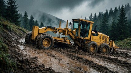 Fototapeta premium Yellow motor grader stuck in deep mud on steep hillside. Heavy rain makes terrain slippery, difficult for construction machinery. Large vehicle partially submerged in wet dirt during bad weather.