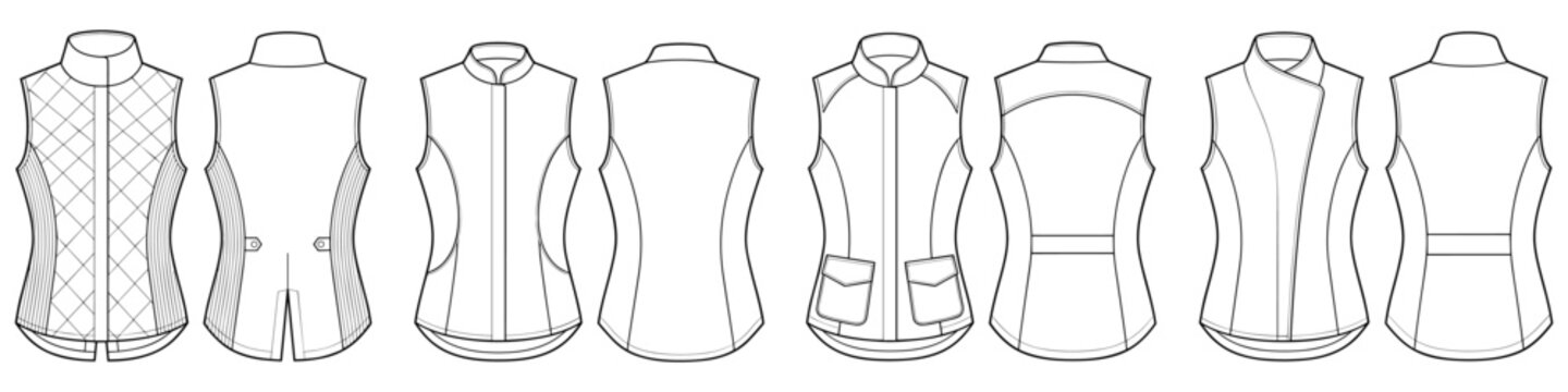 Set of tactical utility vests technical fashion illustration with multi pockets, functional details. Flat industrial apparel template front and back views. Men, workwear, unisex CAD mockup