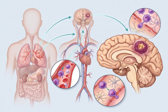 Medical illustration of lung cancer metastasis to the brain through bloodstream with circulating tumor cells