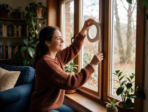 Young woman applies white sealing tape to wooden window frame to prevent heat loss. Homeowner performs DIY insulation job for energy saving, winter warmth. Woman improves house efficiency in cozy