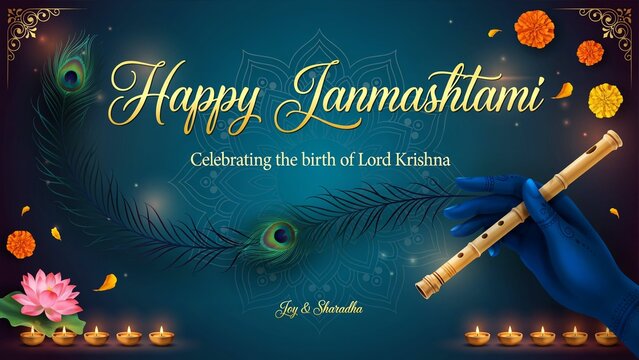 Happy janmashtami celebration with flute and flowers