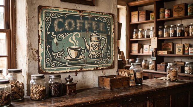 Aged vintage tin coffee advertising sign above a wooden counter, featuring chipped enamel, decorative borders and nostalgic 1940s grocery styling.