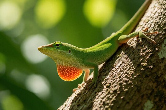 Green anole lizard with bright orange dewlap sits on tree bark. Small reptile shows colorful throat sac in tropical jungle. Wild animal rests on branch in forest habitat during warm day in nature.