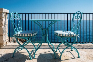 Fototapeta premium Stylish turquoise metal table, two chairs with blue striped cushions sit on stone terrace. Scenic Mediterranean sea view background with black railing. Luxury outdoor furniture setup for breakfast