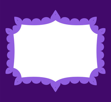 Lavender scalloped lace ornate rectangle border frames white center on deep purple background as decorative trim label template for elegant invitations, cards or feminine stationery layouts.
