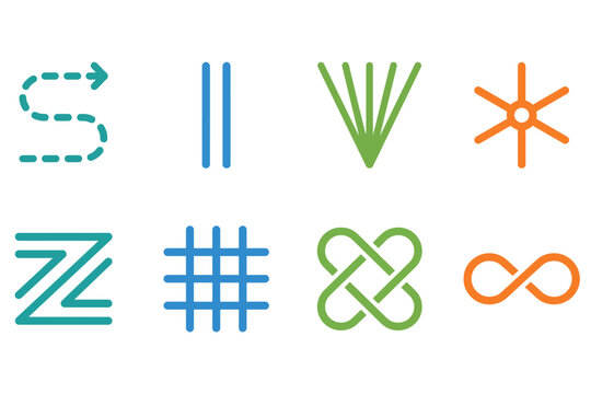 Minimalist set of colorful geometric line icons featuring infinity, grid, and abstract symbols