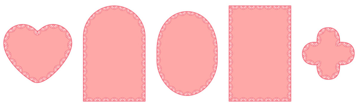 Rose pearl scallop lace frames outline heart, arch, oval, rectangle plus quatrefoil borders on white as ornate Victorian textile trim for wedding invitations or romantic craft label cards.