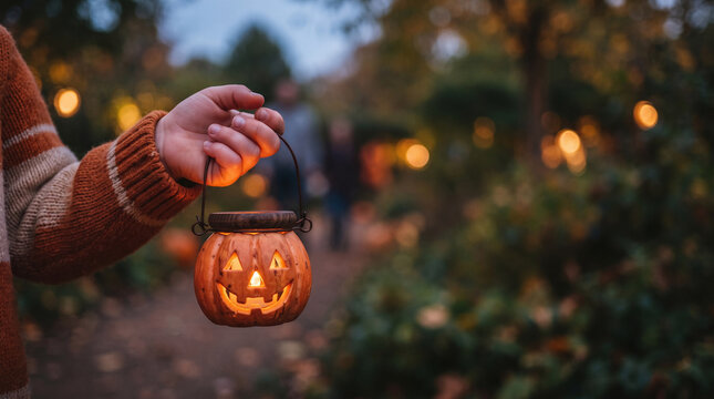 Hand Holding Glowing Jack O Lantern on Autumn Evening Path