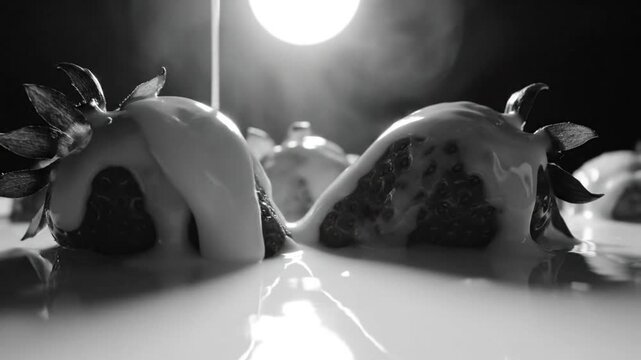 Black and white close up of fresh strawberries being drizzled with a creamy white sauce on a reflective surface